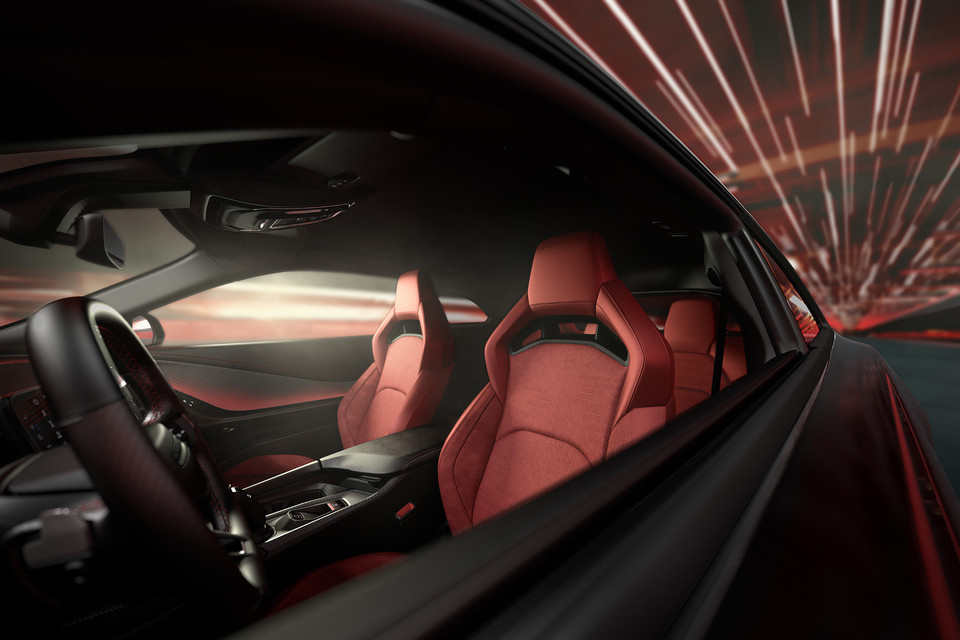 A dynamic shot of the interior of the Dodge Charger Daytona as it speeds through a futuristic tunnel.